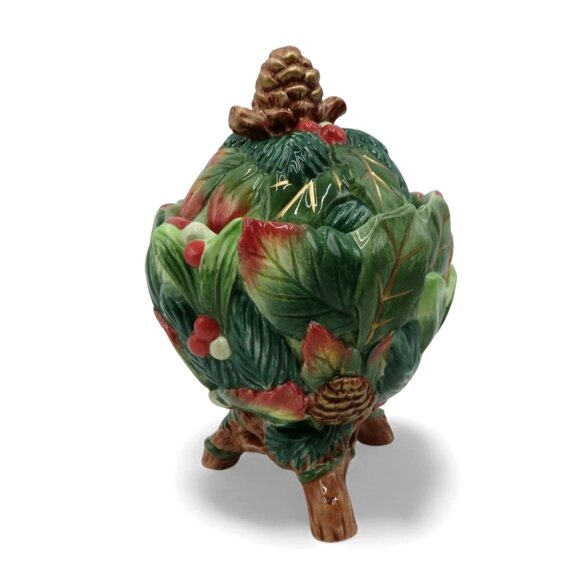 FITZ and FLOYD Classics Christmas Lodge Sugar Bowl Pinecone and Leaf Design - Picture 2 of 10